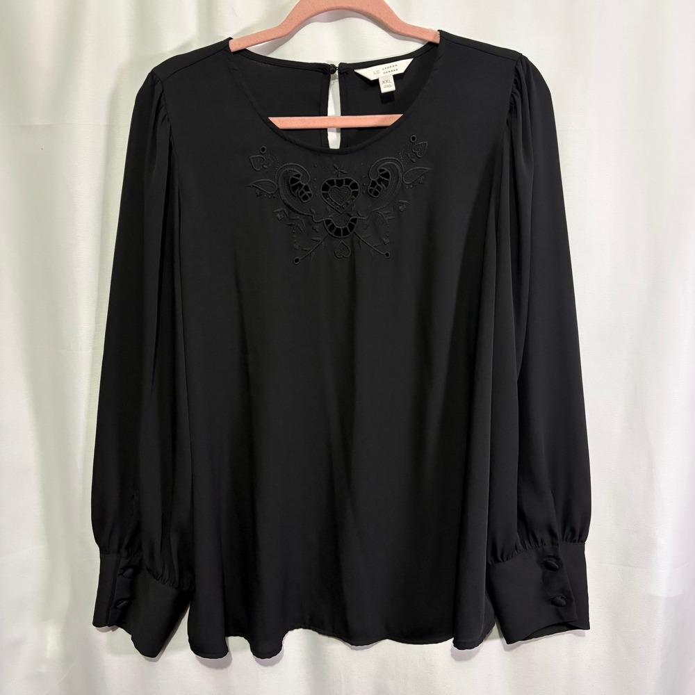 LC Lauren Conrad Black Embroidered Eyelet Blouse XXL Long Sleeve Keyhole Back